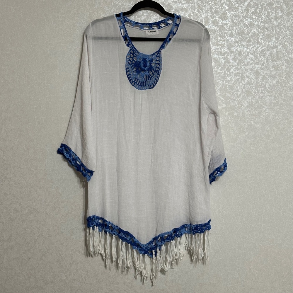 Kindred Crochet‎ Trim Fringe Gauze Tunic Top Boho Beach Coverup White Blue 2X